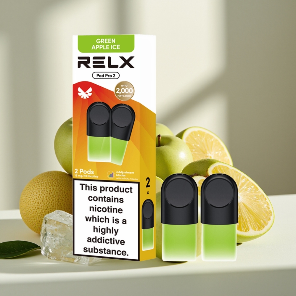 RELX Pod Pro 2 600 potūkiai 18 nikotino Žalioji obuolių ledas 3 įtampos