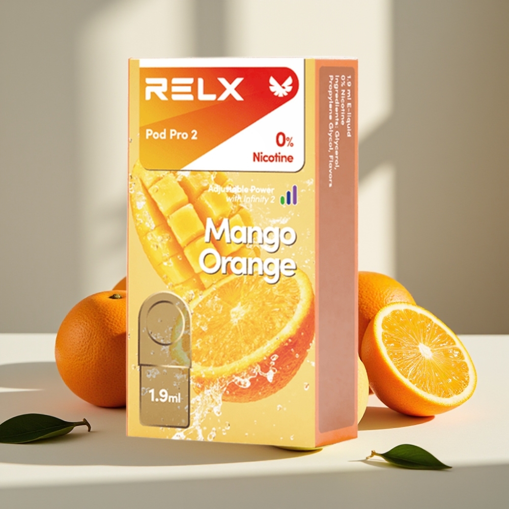 RELX Pod Pro 2 600 pučiai 0 nikotino Mango Apelsinas 19ml 3 įtampos