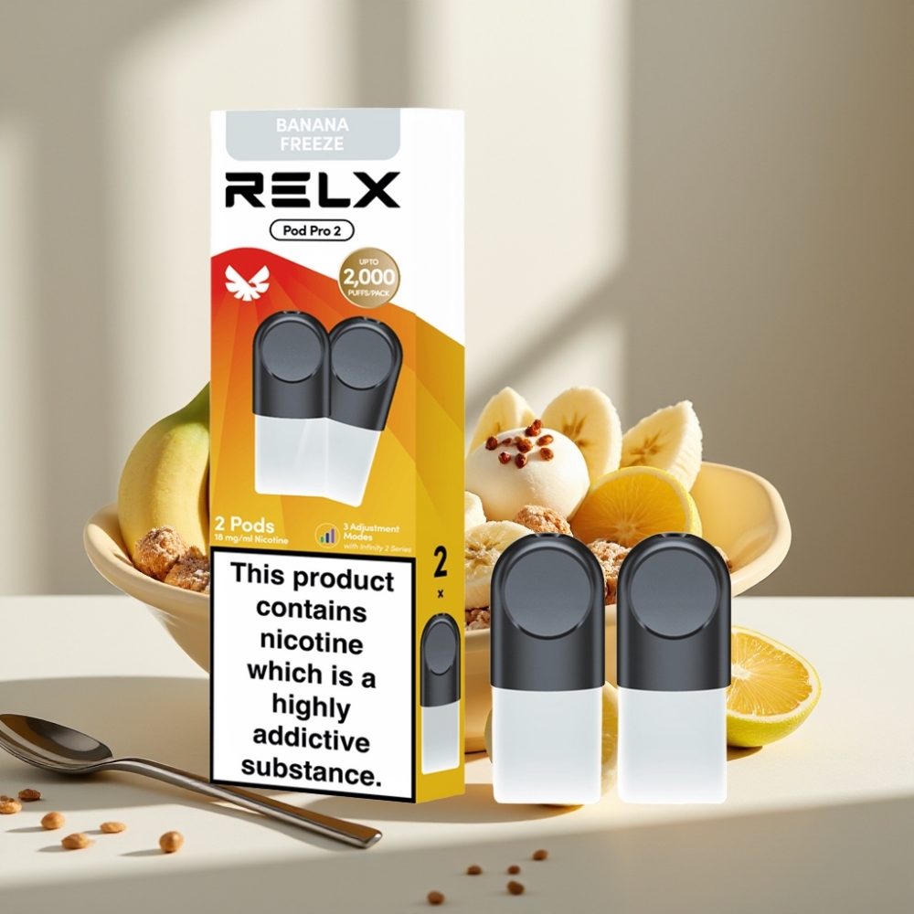 RELX Pod Pro 2 600 pūkų 18 nikotino Desertas-Bananas Šaltis 3 įtampos