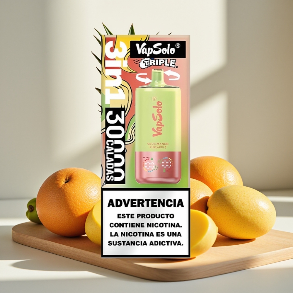 VapSolo Triple 30000 Puffs 40ml 20mg/50mg 3 bakas Type-C Rūgštus Mango Ananasas
