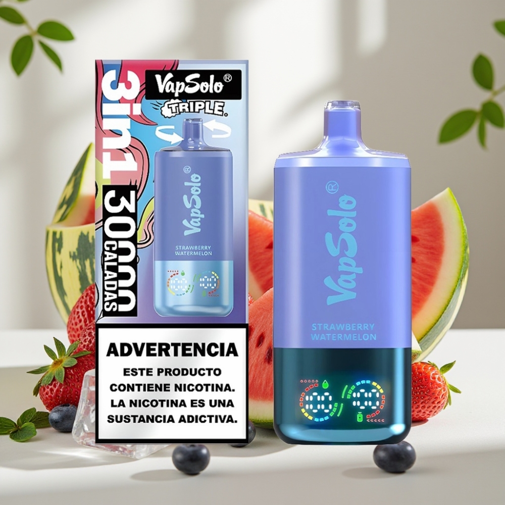 VapSolo Triple 30000 Puffs 40ml 20mg/50mg Type-C Braškė Arbūzas  Mėlynė Ledas