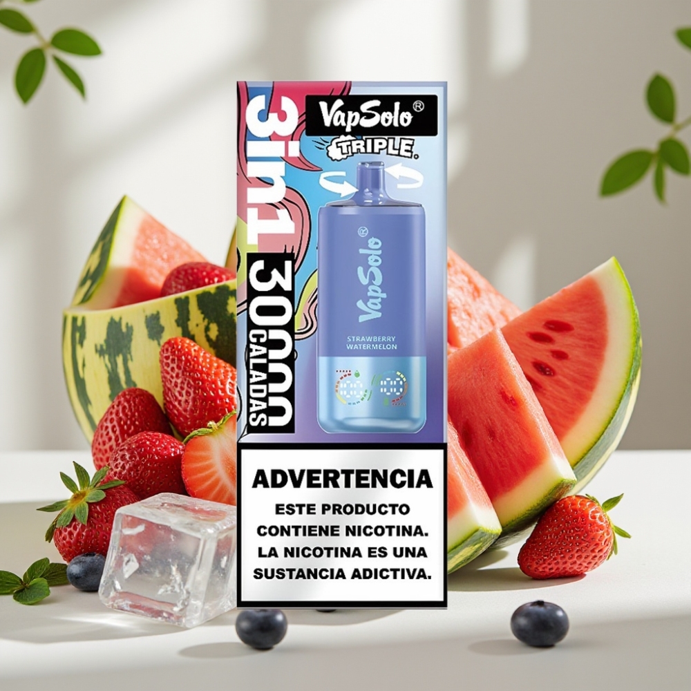 VapSolo Triple 30000 Puffs 40ml 20mg/50mg Type-C Braškė Arbūzas  Mėlynė Ledas
