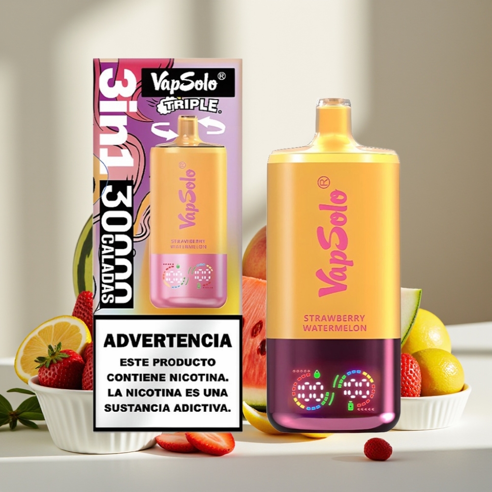 VapSolo Triple 30000 Puffs Braškynės Arbūzas  Citrinų Persikas 40ml 3 bakas