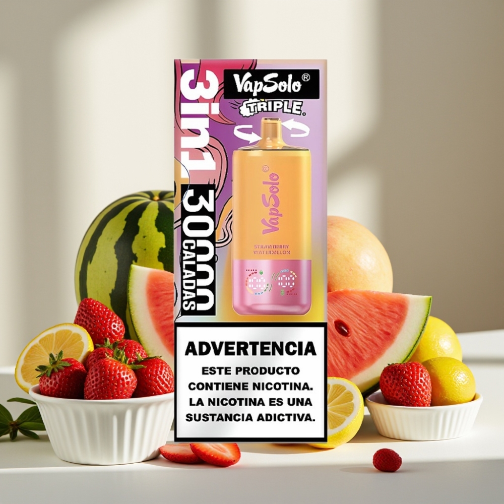 VapSolo Triple 30000 Puffs Braškynės Arbūzas  Citrinų Persikas 40ml 3 bakas