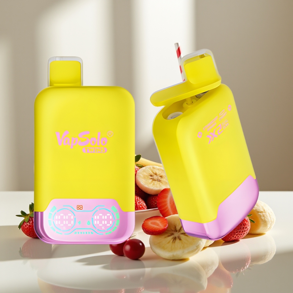 Vapsolo Twins 20000 Puffs Braškės-Bananai  Gaziruotos Vyšnios 40ml 20mg/ml/50mg/ml